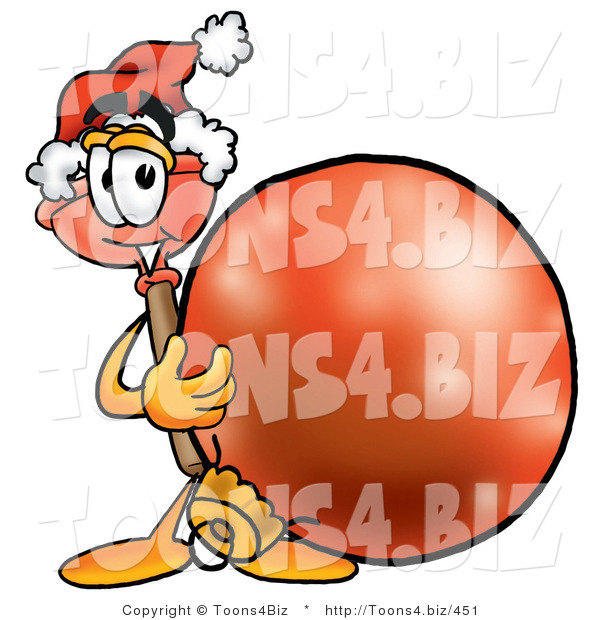 Illustration of a Cartoon Plunger Mascot Wearing a Santa Hat, Standing with a Christmas Bauble