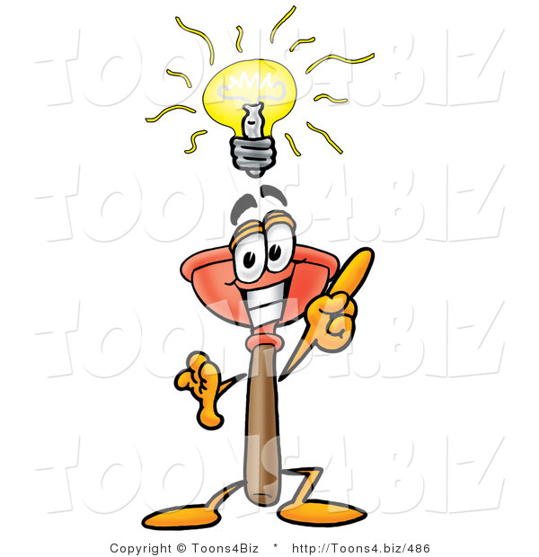 Illustration of a Cartoon Plunger Mascot with a Bright Idea