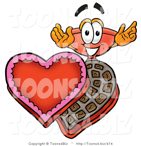 Illustration of a Cartoon Plunger Mascot with an Open Box of Valentines Day Chocolate Candies