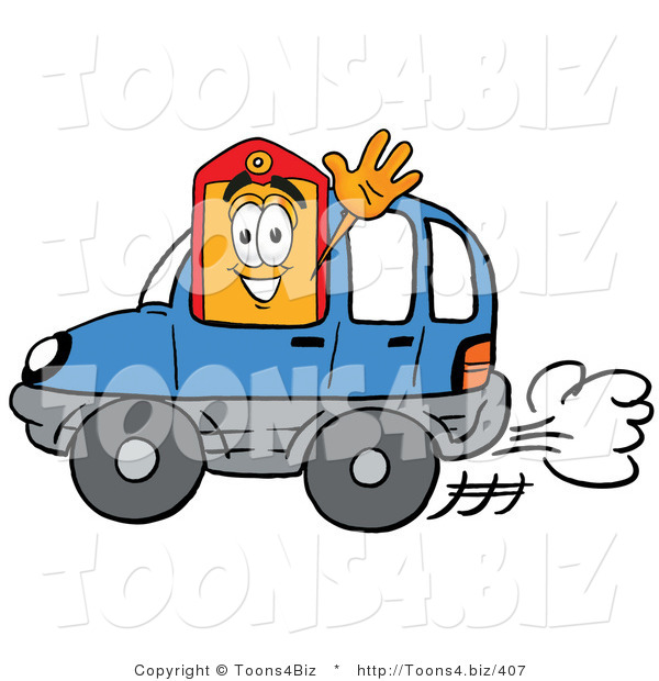 Illustration of a Cartoon Price Tag Mascot Driving a Blue Car and Waving