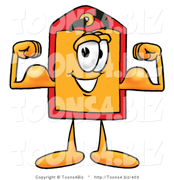 Illustration of a Cartoon Price Tag Mascot Flexing His Arm Muscles