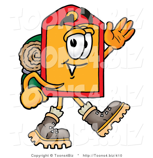 Illustration of a Cartoon Price Tag Mascot Hiking and Carrying a Backpack