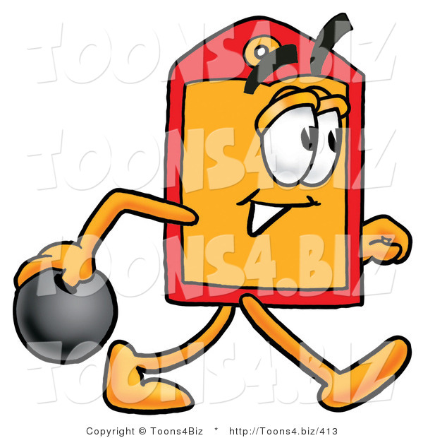 Illustration of a Cartoon Price Tag Mascot Holding a Bowling Ball