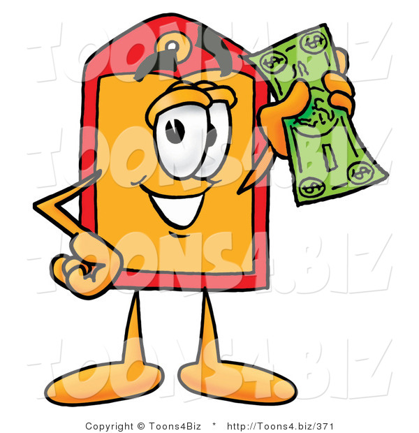 Illustration of a Cartoon Price Tag Mascot Holding a Dollar Bill