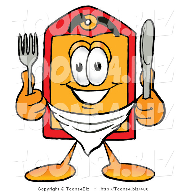 Illustration of a Cartoon Price Tag Mascot Holding a Knife and Fork