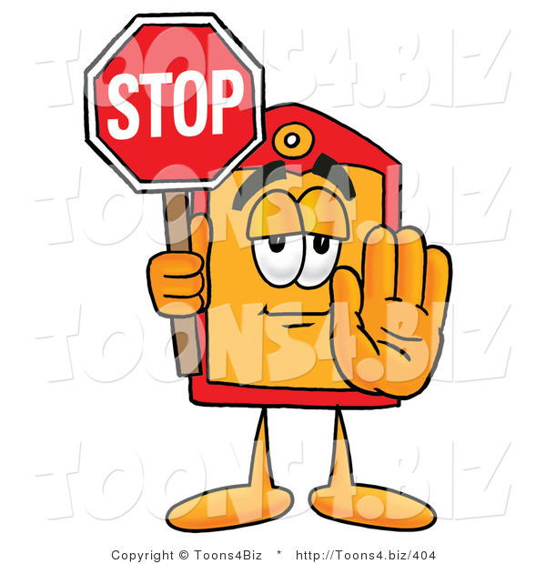 Illustration of a Cartoon Price Tag Mascot Holding a Stop Sign