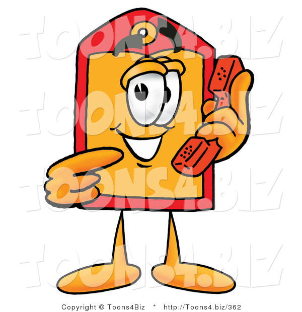 Illustration of a Cartoon Price Tag Mascot Holding a Telephone