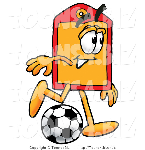 Illustration of a Cartoon Price Tag Mascot Kicking a Soccer Ball