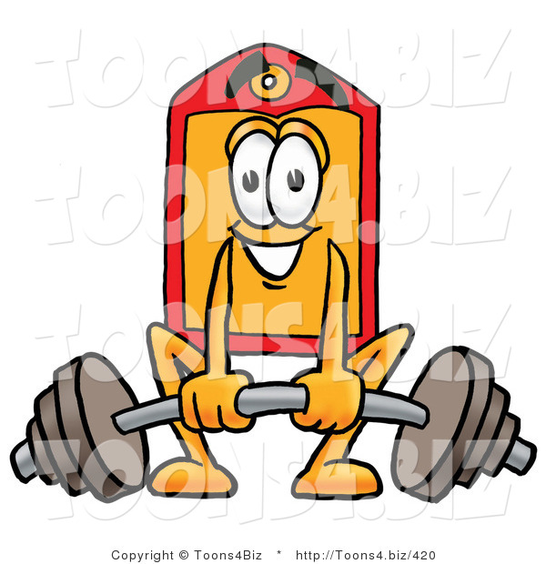 Illustration of a Cartoon Price Tag Mascot Lifting a Heavy Barbell