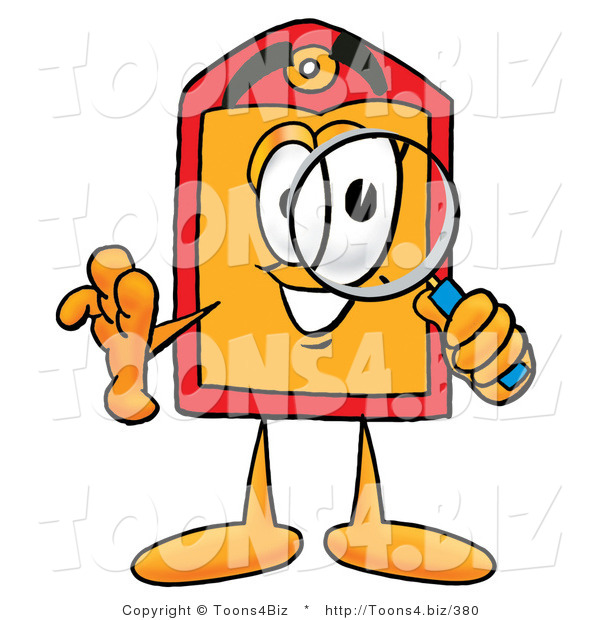 Illustration of a Cartoon Price Tag Mascot Looking Through a Magnifying Glass
