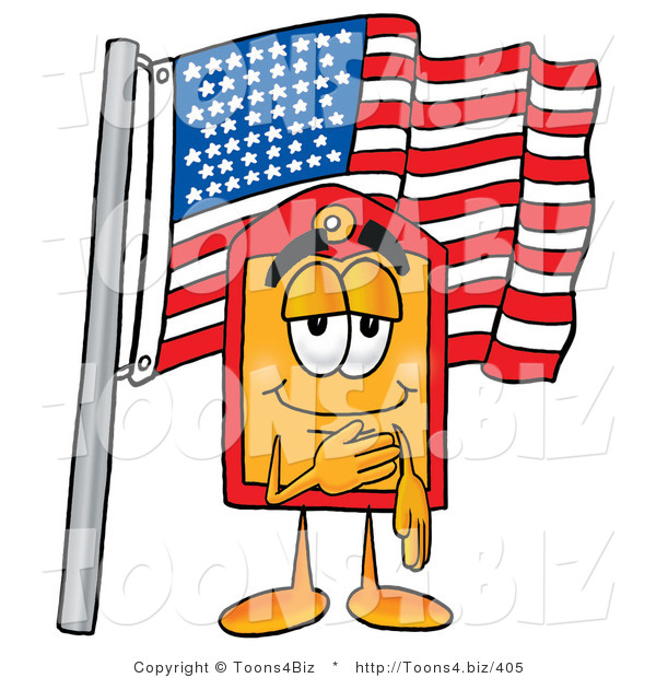 Illustration of a Cartoon Price Tag Mascot Pledging Allegiance to an American Flag