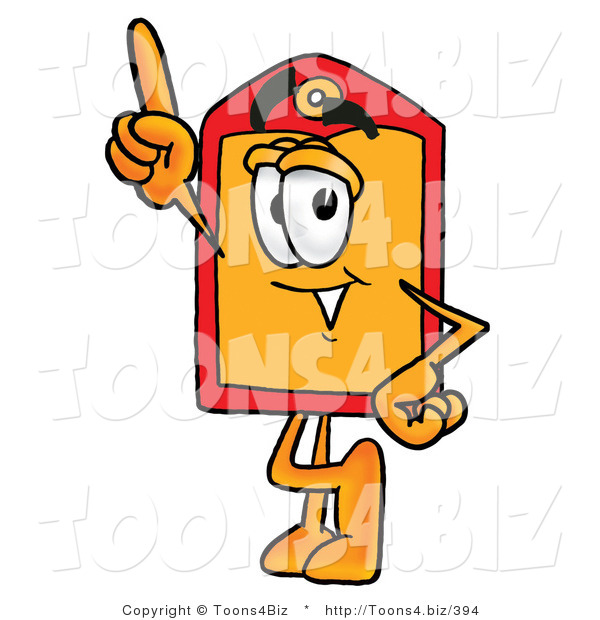 Illustration of a Cartoon Price Tag Mascot Pointing Upwards