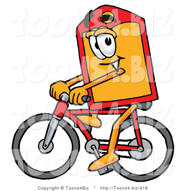 Illustration of a Cartoon Price Tag Mascot Riding a Bicycle