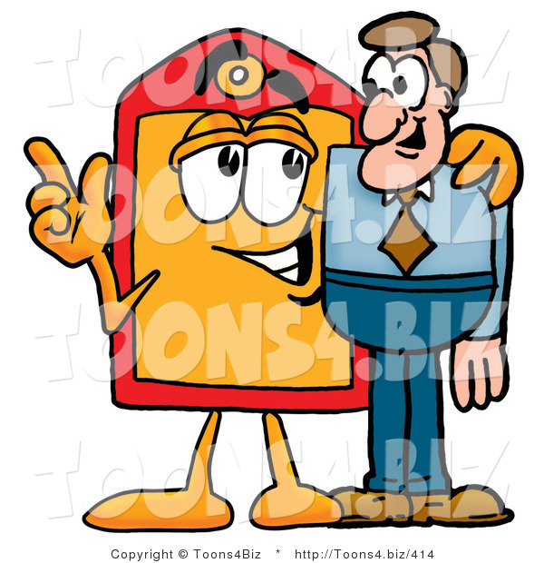 Illustration of a Cartoon Price Tag Mascot Talking to a Business Man