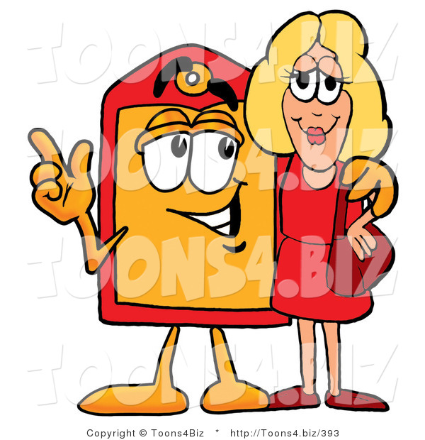 Illustration of a Cartoon Price Tag Mascot Talking to a Pretty Blond Woman
