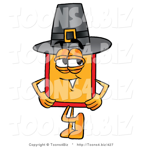 Illustration of a Cartoon Price Tag Mascot Wearing a Pilgrim Hat on Thanksgiving