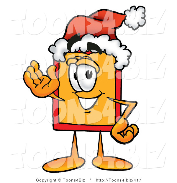 Illustration of a Cartoon Price Tag Mascot Wearing a Santa Hat and Waving