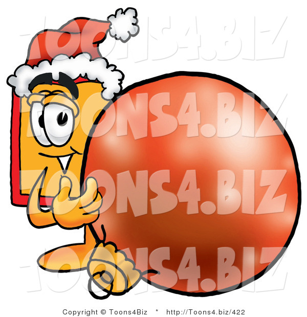 Illustration of a Cartoon Price Tag Mascot Wearing a Santa Hat, Standing with a Christmas Bauble