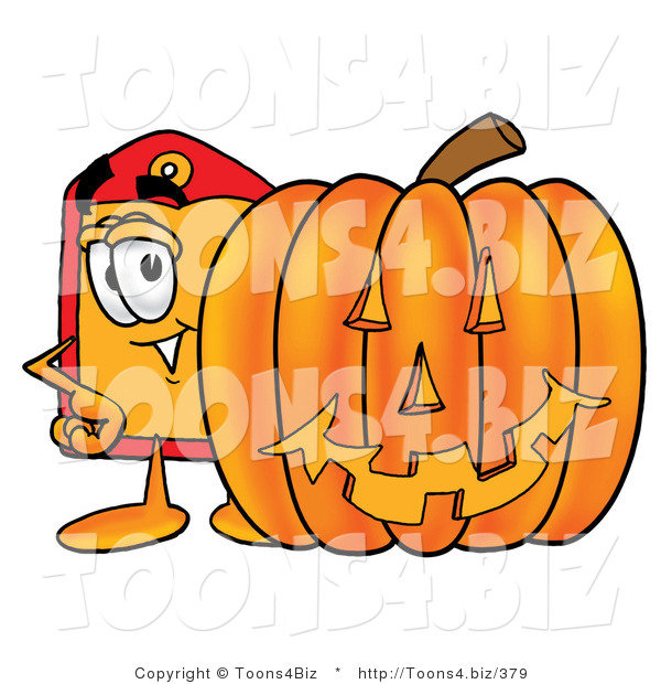 Illustration of a Cartoon Price Tag Mascot with a Carved Halloween Pumpkin