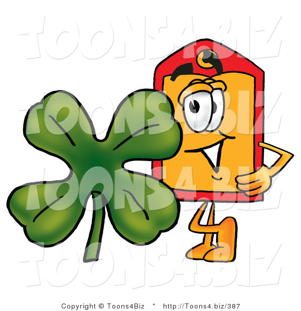 Illustration of a Cartoon Price Tag Mascot with a Green Four Leaf Clover on St Paddy's or St Patricks Day