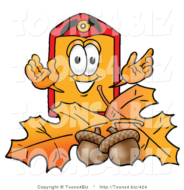 Illustration of a Cartoon Price Tag Mascot with Autumn Leaves and Acorns in the Fall