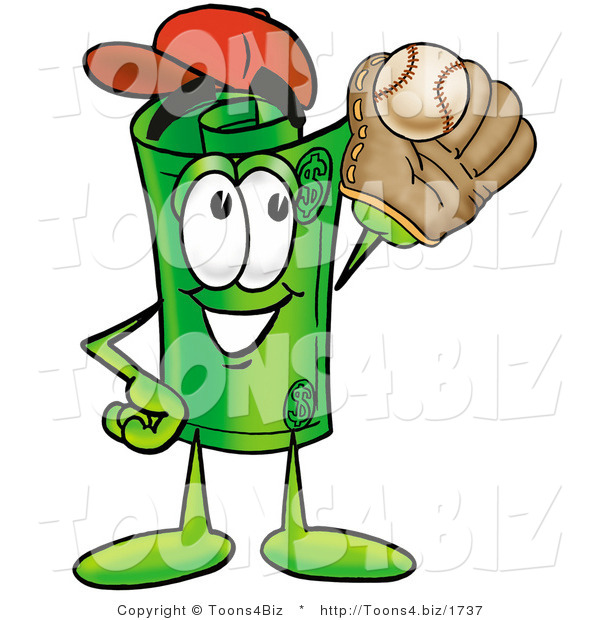 Illustration of a Cartoon Rolled Money Mascot Catching a Baseball with a Glove