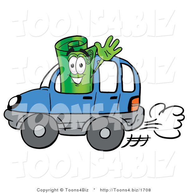 Illustration of a Cartoon Rolled Money Mascot Driving a Blue Car and Waving