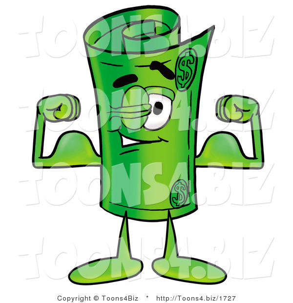 Illustration of a Cartoon Rolled Money Mascot Flexing His Arm Muscles