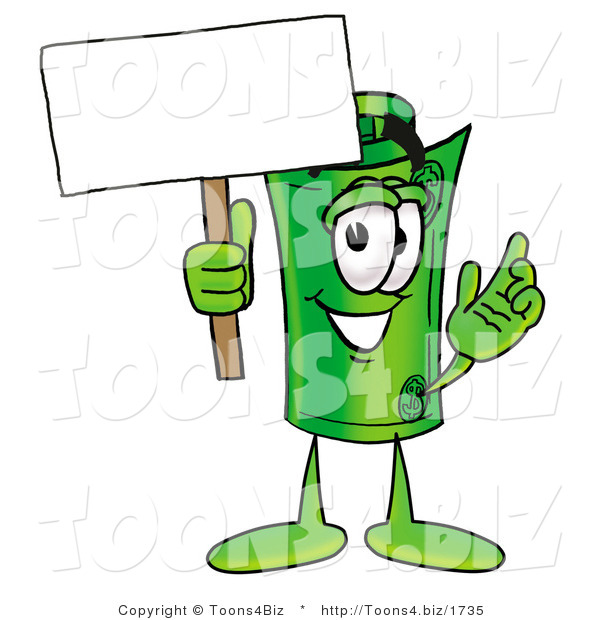 Illustration of a Cartoon Rolled Money Mascot Holding a Blank Sign