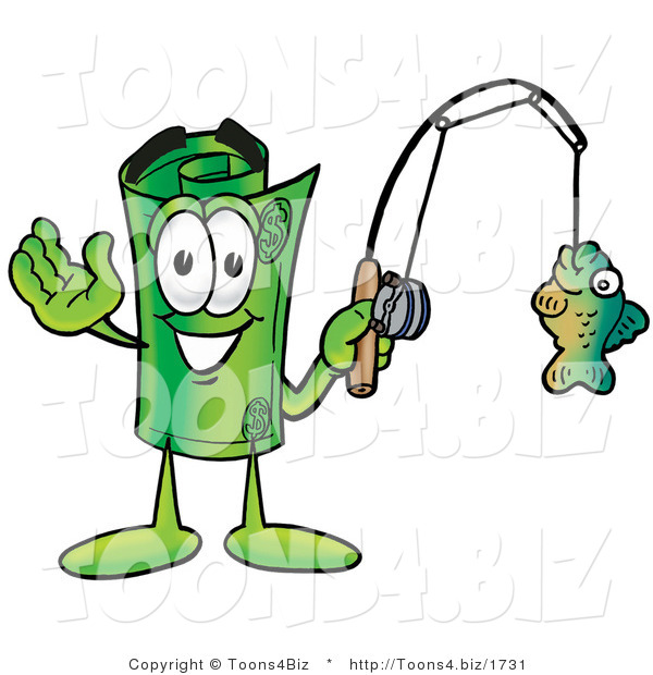 Illustration of a Cartoon Rolled Money Mascot Holding a Fish on a Fishing Pole