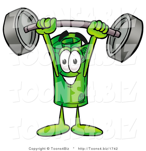 Illustration of a Cartoon Rolled Money Mascot Holding a Heavy Barbell Above His Head