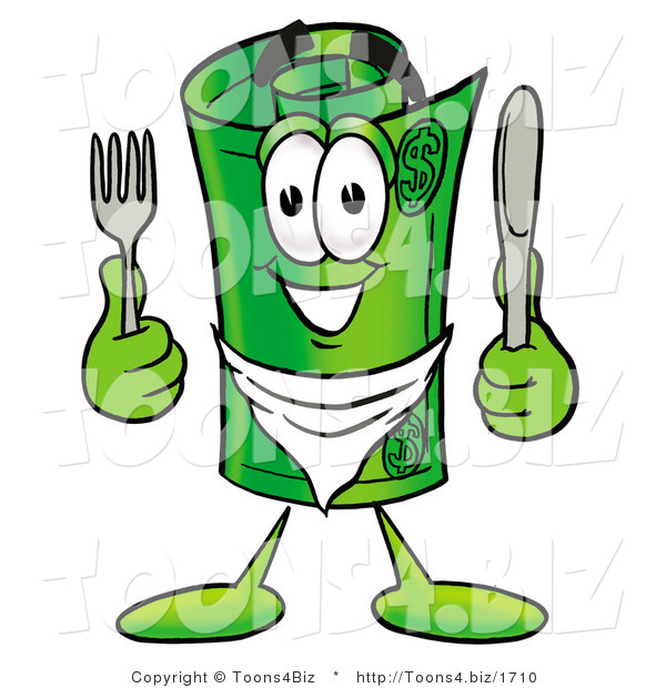 Illustration of a Cartoon Rolled Money Mascot Holding a Knife and Fork