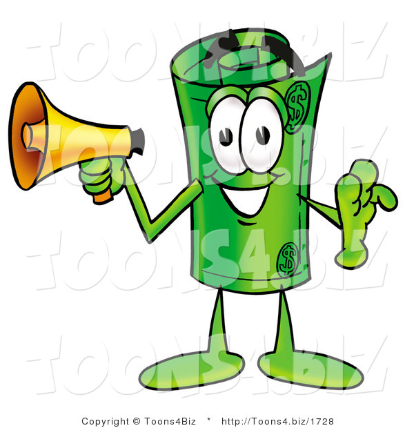 Illustration of a Cartoon Rolled Money Mascot Holding a Megaphone