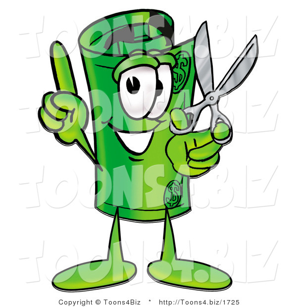 Illustration of a Cartoon Rolled Money Mascot Holding a Pair of Scissors