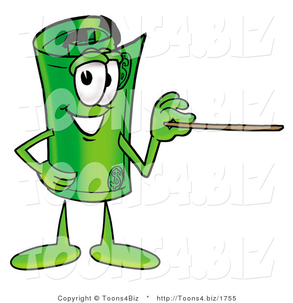 Illustration of a Cartoon Rolled Money Mascot Holding a Pointer Stick