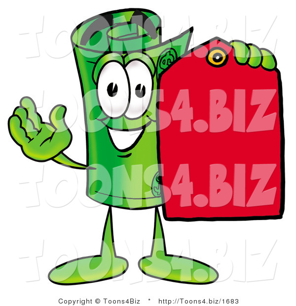 Illustration of a Cartoon Rolled Money Mascot Holding a Red Sales Price Tag