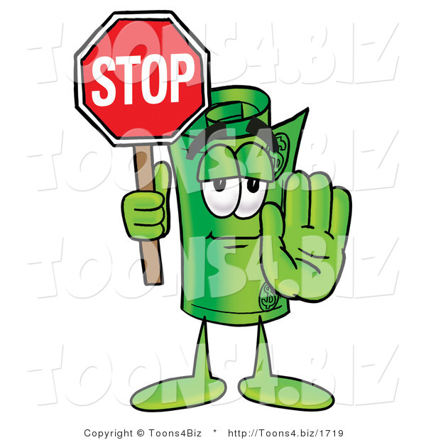 Illustration of a Cartoon Rolled Money Mascot Holding a Stop Sign