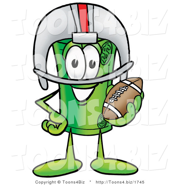 Illustration of a Cartoon Rolled Money Mascot in a Helmet, Holding a Football