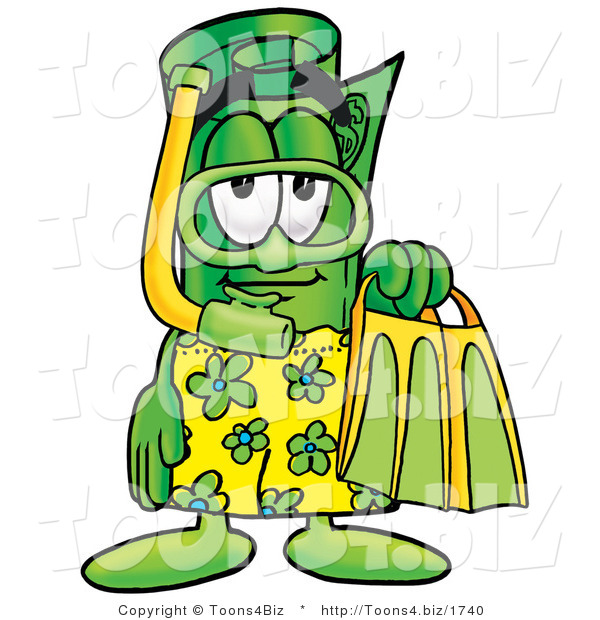 Illustration of a Cartoon Rolled Money Mascot in Green and Yellow Snorkel Gear