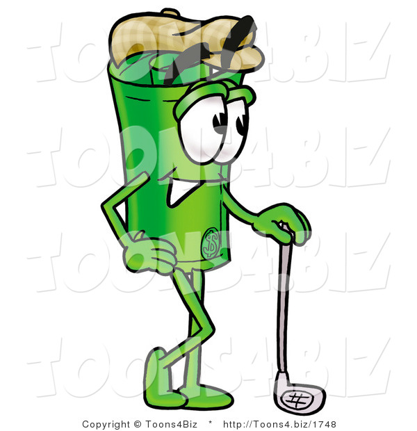 Illustration of a Cartoon Rolled Money Mascot Leaning on a Golf Club While Golfing