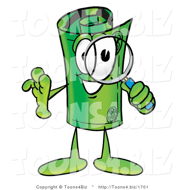 Illustration of a Cartoon Rolled Money Mascot Looking Through a Magnifying Glass
