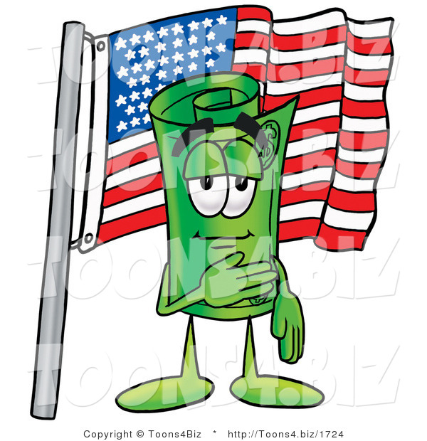 Illustration of a Cartoon Rolled Money Mascot Pledging Allegiance to an American Flag
