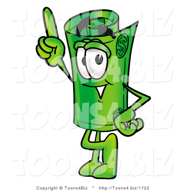 Illustration of a Cartoon Rolled Money Mascot Pointing Upwards