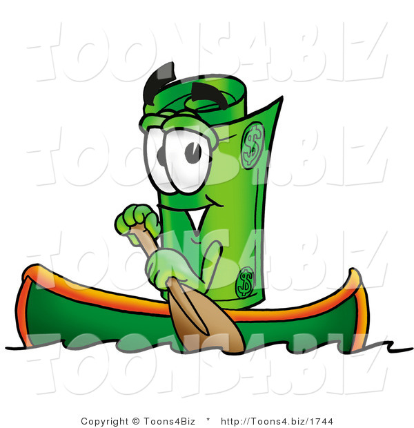 Illustration of a Cartoon Rolled Money Mascot Rowing a Boat