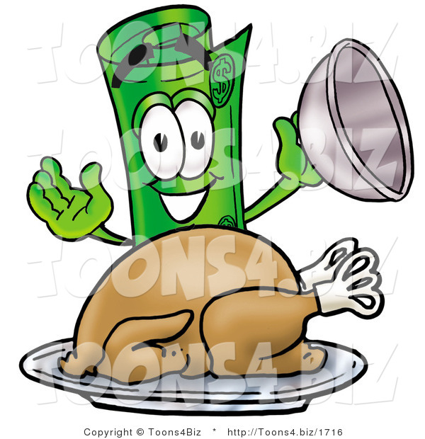 Illustration of a Cartoon Rolled Money Mascot Serving a Thanksgiving Turkey on a Platter