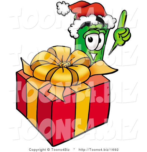 Illustration of a Cartoon Rolled Money Mascot Standing by a Christmas Present