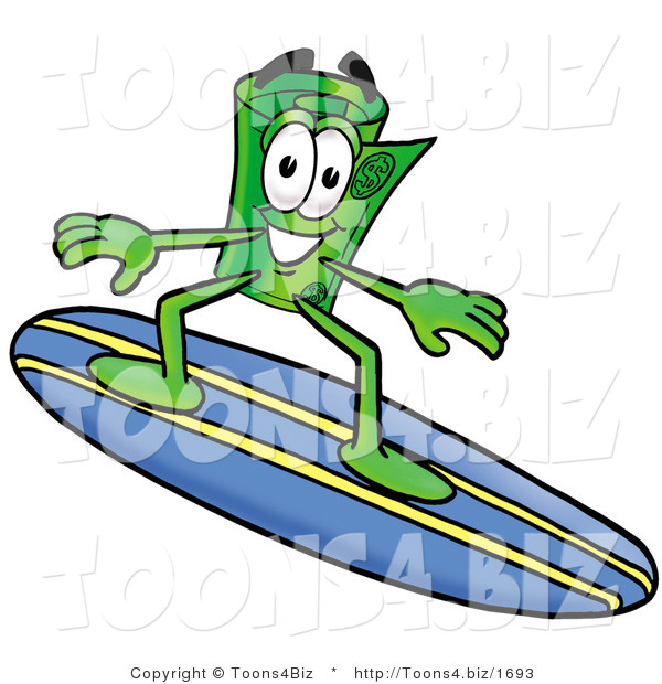 Illustration of a Cartoon Rolled Money Mascot Surfing on a Blue and Yellow Surfboard