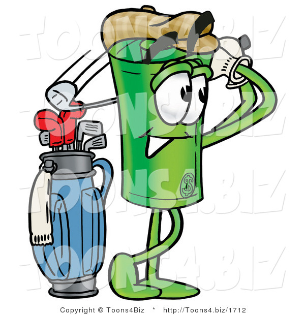 Illustration of a Cartoon Rolled Money Mascot Swinging His Golf Club While Golfing