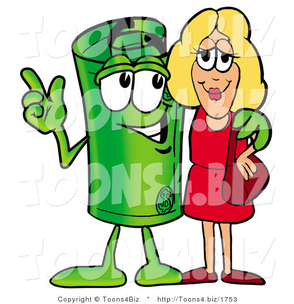 Illustration of a Cartoon Rolled Money Mascot Talking to a Pretty Blond Woman