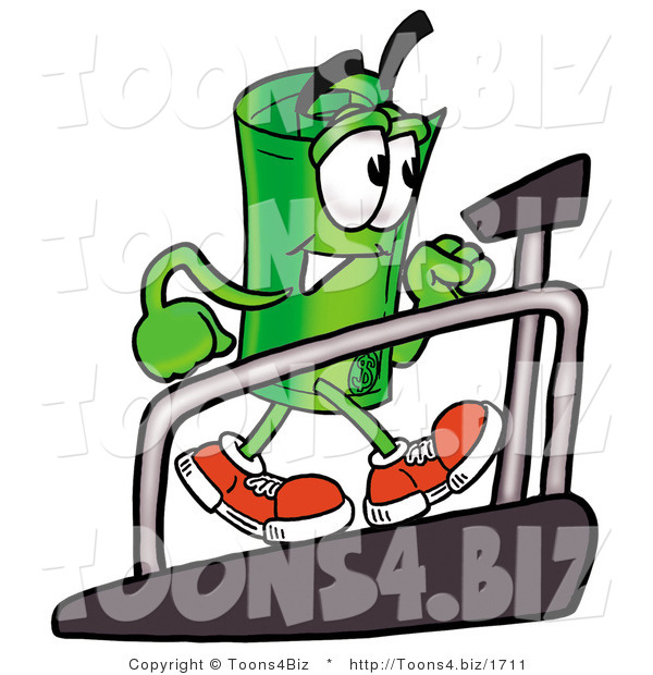 Illustration of a Cartoon Rolled Money Mascot Walking on a Treadmill in a Fitness Gym